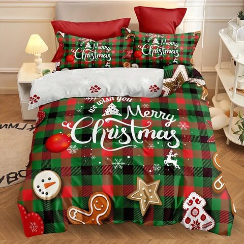 Sonicelife 3-Piece Christmas Theme Duvet Cover Set - Soft, Breathable, Comfortable Bedding with Vibrant Tree, Gingerbread Man, and Snowflak