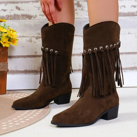 Sonicelife New Women Vintage Fringe Boots Low Chunky Heel Pointed Toe Winter Boots High Quality Female Western Cowboy Boots Platform Shoes