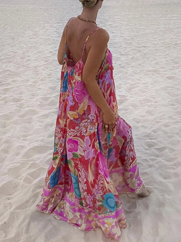 Sonicelife Elegant Flowers Pleated Loose Casual Robes Women Printed Sleeveless Backeless Sling Maxi Dresses Chic Vacation Vestdios 2025 New