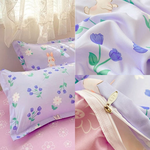 Sonicelife Flowers Rabbit Bedding Set Ins No Filler Single Queen Size Duvet Cover Flat Sheet Pillowcase Girls Boys New Comforter Duvet