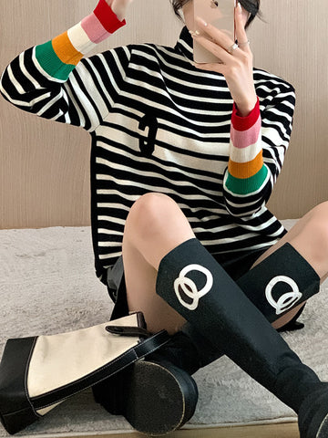 christmas outfit Sonicelife Long Sleeves Loose Contrast Color Knitted Letters Split-Joint Striped High Neck Pullovers Sweater Tops