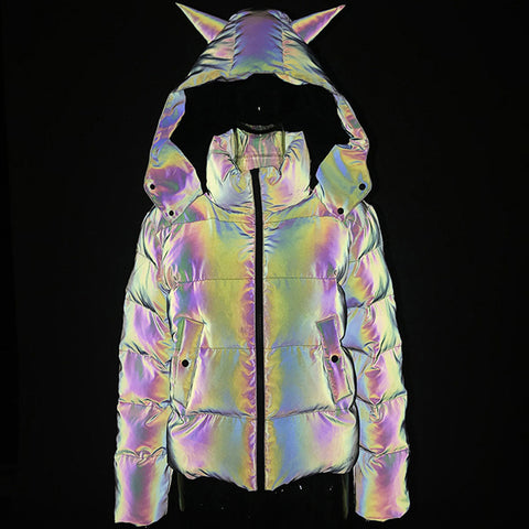 Sonicelife Fashion Women Winter Reflective Parkas Down Outcoats Thick Oversized Cool Luminous Hooded Jackets Coats Chaquetas Mujer Invierno