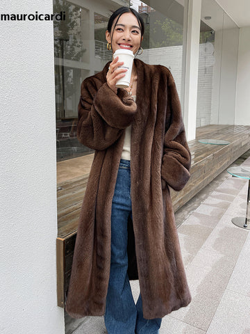 christmas outfit Sonicelife Winter Long Brown Thick Warm Soft Fluffy Faux Mink Fur Coat Women V Neck Loose Chic Stylish Luxury Designer Clothes