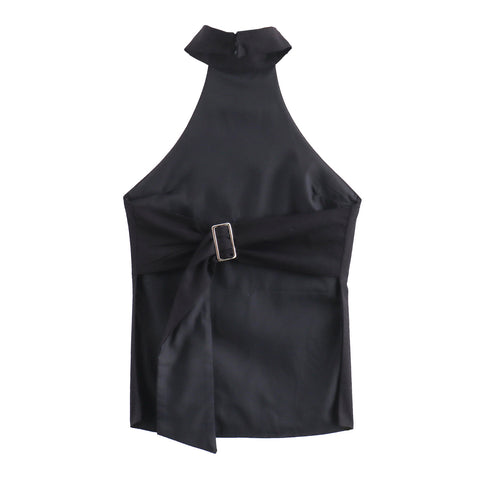 Sonicelife Women's Hanging Neck Top with Open Back Belt Buckle Design Fashionable and Classic Black T-shirt New