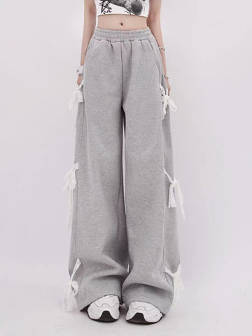 Sonicelife Women's Grey Lace Lace-up Pants Vintage Y2k Harajuku 90s Aesthetic Sweatpants Retro High Waist Wide Trousers 2000s Clothes 2025