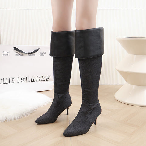 Sonicelife Women Cowboy Shoes Chelsea High Heels Boots Winter 2024 New Chunky Motorcycle Over The Knee Boots Sexy Pumps Gladiator Botas