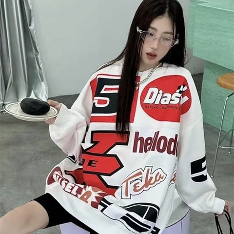 christmas outfit Sonicelife 2025 Autumn and Winter Trendy Heavy Industry American Printed Velvet Round Neck Loose Ins Sweater for Women Y2k Clothing Tops