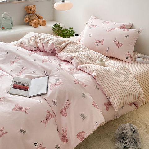 Sonicelife Cotton Bedding Set Floral Rabbit Ins No Filler Duvet Cover Flat Sheet Pillowcase Full King Size Soft BedSpread Home Textile