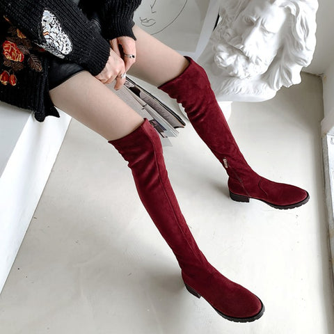 thanksgiving outfit Sonicelife 2024 Autumn Over Knee High Boots Fur Fashion Shoes 4cm High Heels Soft Flock Stretch Botas Big 43