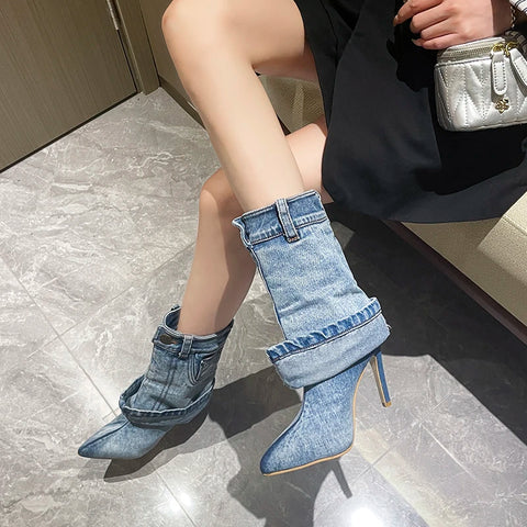 Sonicelife 2024 Women's Autumn/Winter Denim Fine High Heel Skirt Boots Fashion Pointed Large Women's Four Seasons Short Boots