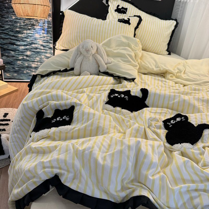 Sonicelife Pink Striped Cat Embroidery Bedding Set Korean Style Washing Cotton Cute Cardboard Duvet Cover Bed Sheet Pillowcases 3/4pcs