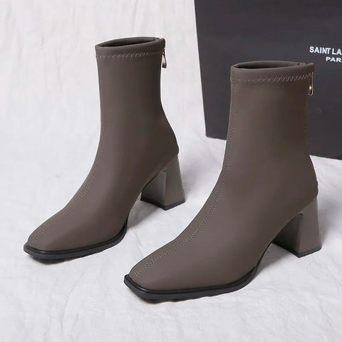 Sonicelife 2025  New Autumn Winter Ankle Women High Heel Boots Fashion Thick Short  Square  Black
