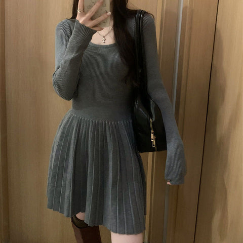 Sonicelife Grey Long Sleeve Knit Dresses Women Korean Vintage Slim Mini Dress Fashion Preppy Style Pleated Dress Female Autumn Winter New