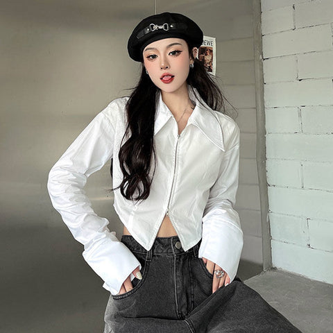 Sonicelife Slim Cropped White Shirt Women Long Sleeve Sexy Chic Double Zippers Blouse Fall Female Long Sleeve Hip Hop Streetwear Tops