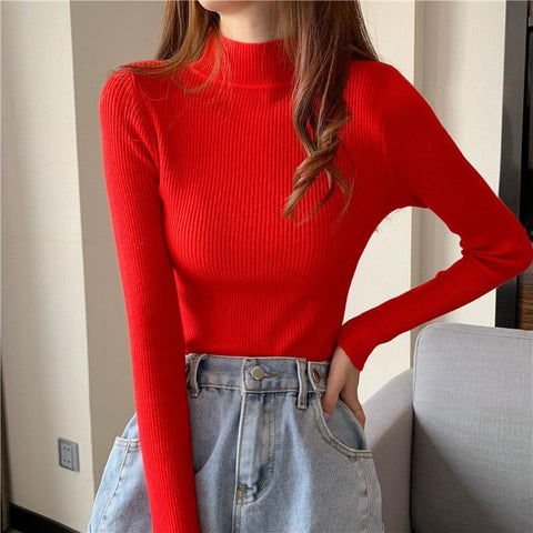 Black Friday Sonicelife Knitted Solid Slim Turtleneck Women Casual Simple Elastic Thin Pullover Sweaters Lady Korean Autumn Chic Daily Basic Knitwear