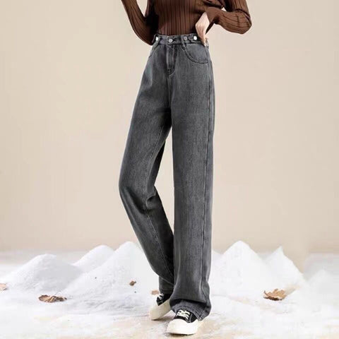 Sonicelife High Waist Straight Pants Cashmere Thermal Jeans Casual Loose Thickened Office Trousers Women Autumn Winter