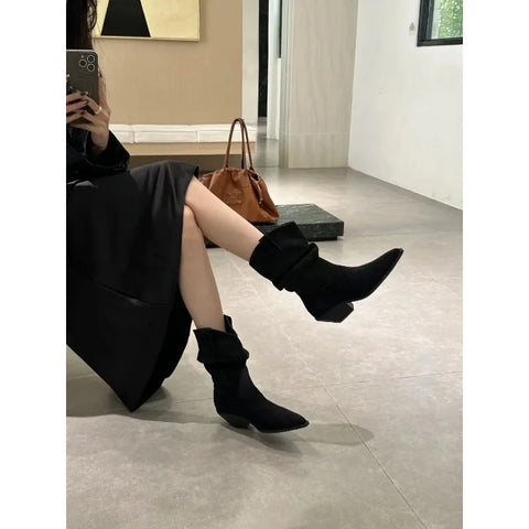 Sonicelife 2025  New Western Boots Flock Falt Mid Heels Black Brown Winter Short Boots Woman Chelsea Boots