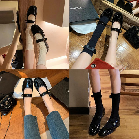 Sonicelife 2025 Fashionable Sheepskin Gold Buckle Round Toe Shallow Cut Flat  with Thick Heels,  Jane Shoes, Women's Singles Shoes
