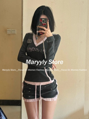 Sonicelife American Vintage Spice Girl 2 Piece Set Women Sexy V-neck Long Sleeve Slim Tops + Y2k High Waist Shorts Sweet Sprots Suits 2025