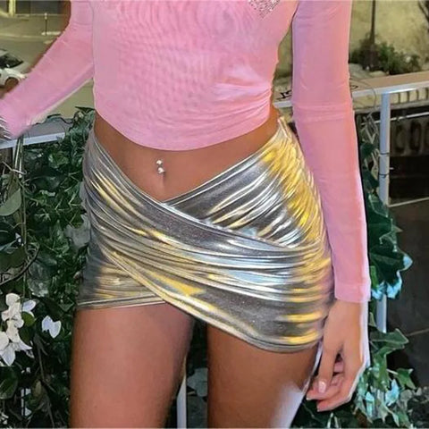 Sonicelife Sexy Women Metallic Silver PU Leather Mini Skirts Bodycon Cross Skirts Summer Party Y2K Lady High Waist Elastic Pleated Skirts