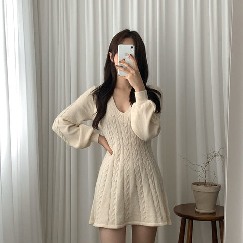 Sonicelife V Neck Elegant Knitted Dress Women Sexy Slim Lantern Sleeve Sweet Mini Dress Korean Fashion Casual Female A Line Dress Fall