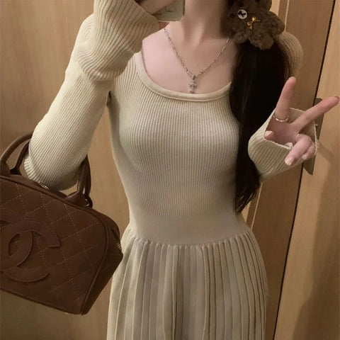 Sonicelife Grey Long Sleeve Knit Dresses Women Korean Vintage Slim Mini Dress Fashion Preppy Style Pleated Dress Female Autumn Winter New