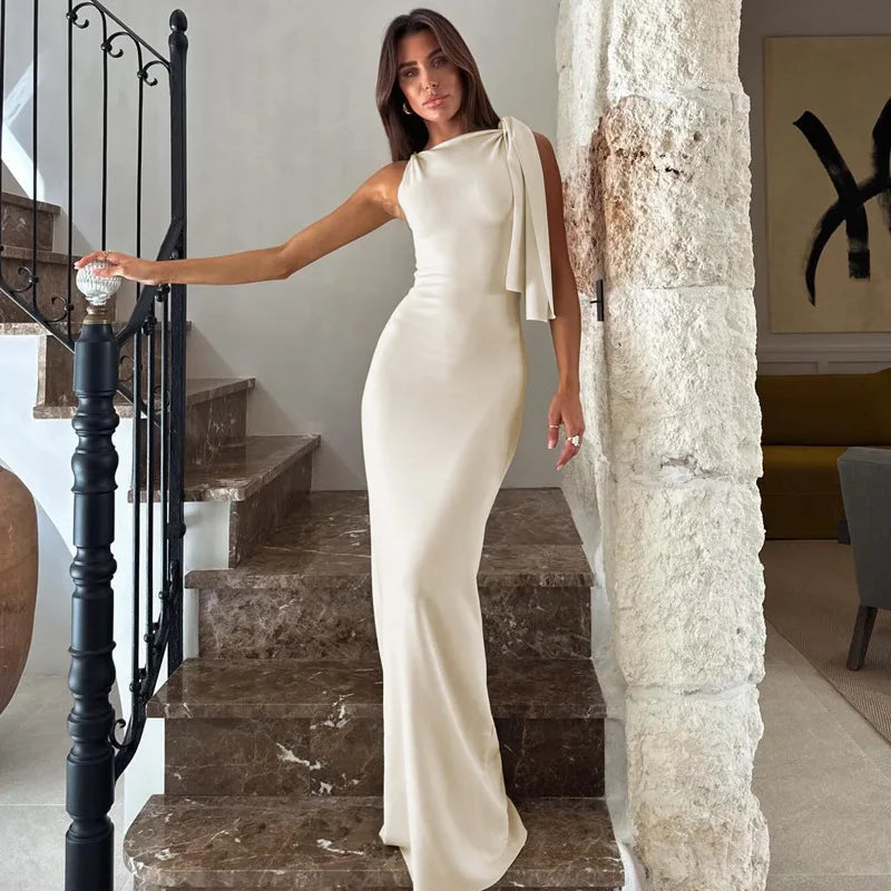 Sonicelife New Elegant Lace Up White Long Dress Lady Summer Sleeveless Round Neck Bodycon Maxi Dresses 2025 Summer Lady Holiday Club Robes