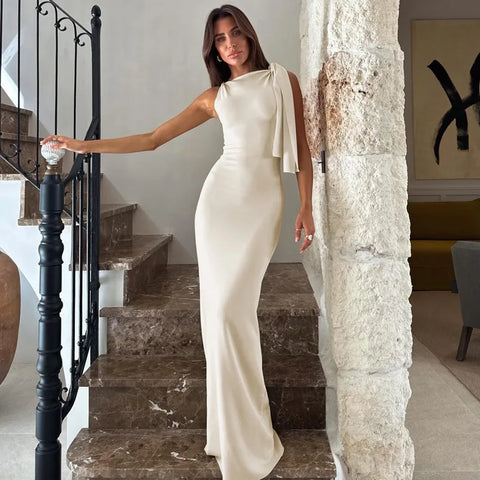 Sonicelife New Elegant Lace Up White Long Dress Lady Summer Sleeveless Round Neck Bodycon Maxi Dresses 2025 Summer Lady Holiday Club Robes