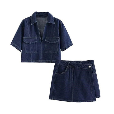 Sonicelife Spring New Women's Fashion Temperament Casual Versatile V-neck Short Denim Shirt Double Breasted Denim Skirt Set