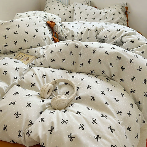Sonicelife Ins Korean Style Duvet Cover Set Quilt Set Bow Dot Bed Sheet Set For Girls Bedding Set For Bedroom