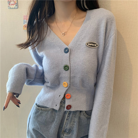 Sonicelife V Neck Cropped Cardigan Sweaters Women Casual Sweet Rainbow Buttons Knitted Coat Korean Female Autumn Loose Long Sleeve Top