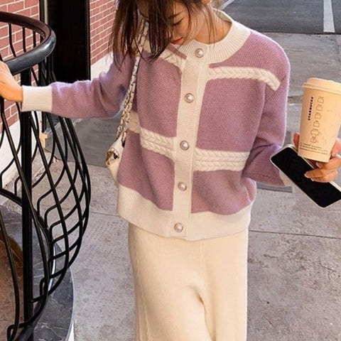 Sonicelife Elegant Buttons Purple Cardigan Sweaters Women Casual Lazy Wind Soft Sweet Knitted Coats Fashion Patchwork Lady O Neck Tops