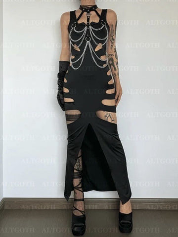 Sonicelife Harajuku Gothic Dark Dress Women Streetwear Cyber Punk Y2k E-girl Grunge Sexy Hollow Out High Waist Bodycon Dress Female
