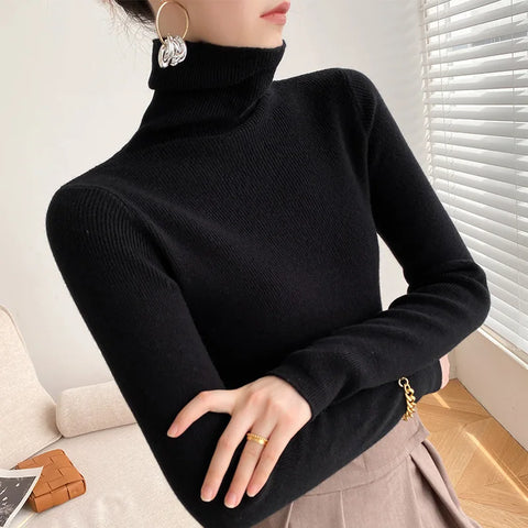 christmas outfit Sonicelife Women Sweater Winter Cashmere Turtleneck Warm Knitwear Korean Casual Solid Bottoming Shirt Fashion Knit Pullovers Brown Sweater