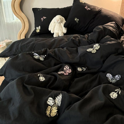 Sonicelife Instagram Advanced Light Luxury Style Butterfly Embroidery Bedding Set of Four Pieces, Washed Cotton Quilt Set, Bed Sheet Set,