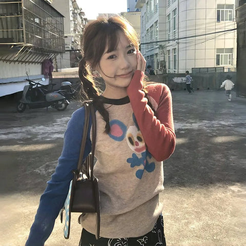 Sonicelife 2025 New Japanese Y2k Knitted Tops Vintage Harajuku Graffiti Print Long Sleeve T-shirt 2000s Aesthetics Ribbed Patchwork Tops