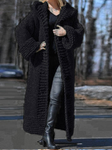 Black Friday Sonicelife Causal Knitted Long Hooded Cardigan Women Loose Thicken Solid Single-Breasted Open Maxi Sweaters Coat Female Chic Warm Outwear