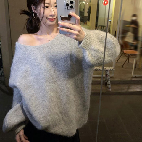 Black Friday Sonicelife Bow Sexy Backless Women Sweater Knitted Reversible Gray Loose Lazy Chic Pullover Simple Harajuku Sweet Student Jumpers