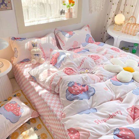 Sonicelife Korean Style Cartoon Sheep Bedding Set Girls Kids Twin Full Queen Size Bed Flat Sheet Duvet Cover Pillowcases Bed Linen Kawaii