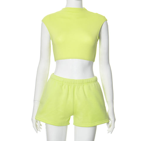 Sonicelife Sporty Women 2 Piece Fluorescent Green Crop Tops Shorts Sets Bustiers Tanks High Waist Shorts Joggers Pink Two Piece Outfits New