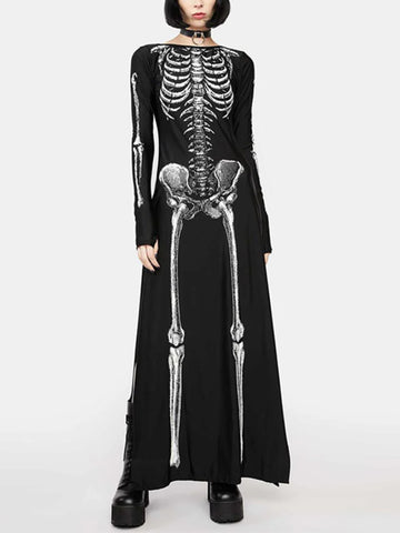 Sonicelife Halloween Dark Gothic Dress Women Streetwear Punk Y2k Skull Printed Long Sleeve O-neck Split Midi Dress Cosplay Clubwear