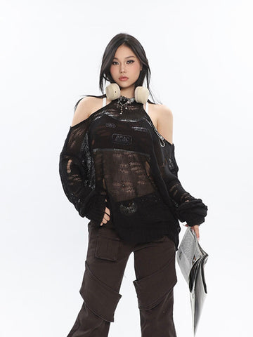 Sonicelife Hollow Out Halter Knitted Sweaters Women Streetwear Sexy Off Shoulder Knitted Pullovers American Vintage Harajuku Loose Top