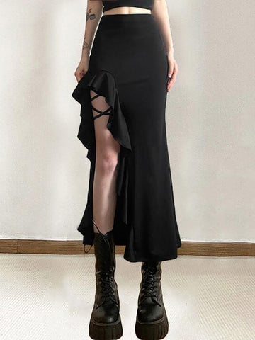 Sonicelife-High Waist Irregular Split Goth Skirt