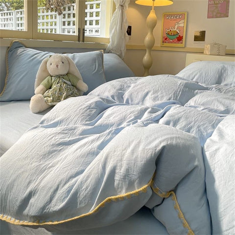 Sonicelife Ins Style Blue Color Bedding Sheet Nordic Solid Duvet Cover Set Hot Sale Home Luxury Bedding Set Bed Sheet Comfortable Bedspread