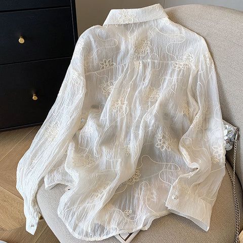 Sonicelife Elegant Sun Proof White Shirt Women Long Sleeve Embroidery Blouse Loose Korean Fashion Design Female Oversize Thin Tops New