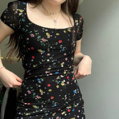 Sonicelife Sexy Dresses Women Clothes Viintage 2000s Lace Aesthetic Flower Slim High waist Summer Mini Dress Harajuku Sweet Girl Y2k Dress
