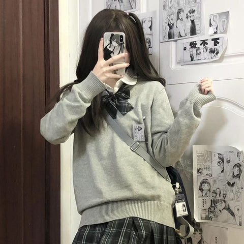 Black Friday Sonicelife Jk Pullover Sweater Women Japan Solid V-Neck Thin Loose Pretty Style Knit Fashion Casual Lazy Sweet School Girl All Macth Jumper