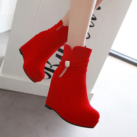 thanksgiving outfit Sonicelife Sexy Red Women Ankle Boots Round Toe Wedges High Heel 11cm Flock Suede Big Size 42 43 Red Female Booties