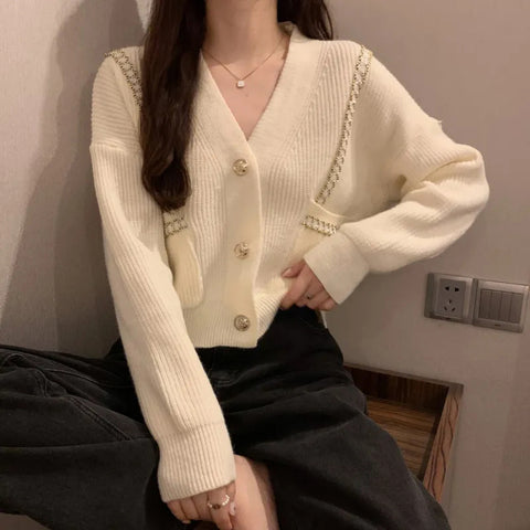 Black Friday Sonicelife Autumn Cropped Knitting Cardigans Women Y2K Fashion Chic V Neck Patchwork Outwear Korean Loose Single Breasted All Match Sweater