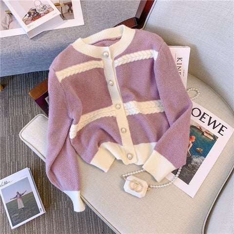 Sonicelife Elegant Buttons Purple Cardigan Sweaters Women Casual Lazy Wind Soft Sweet Knitted Coats Fashion Patchwork Lady O Neck Tops